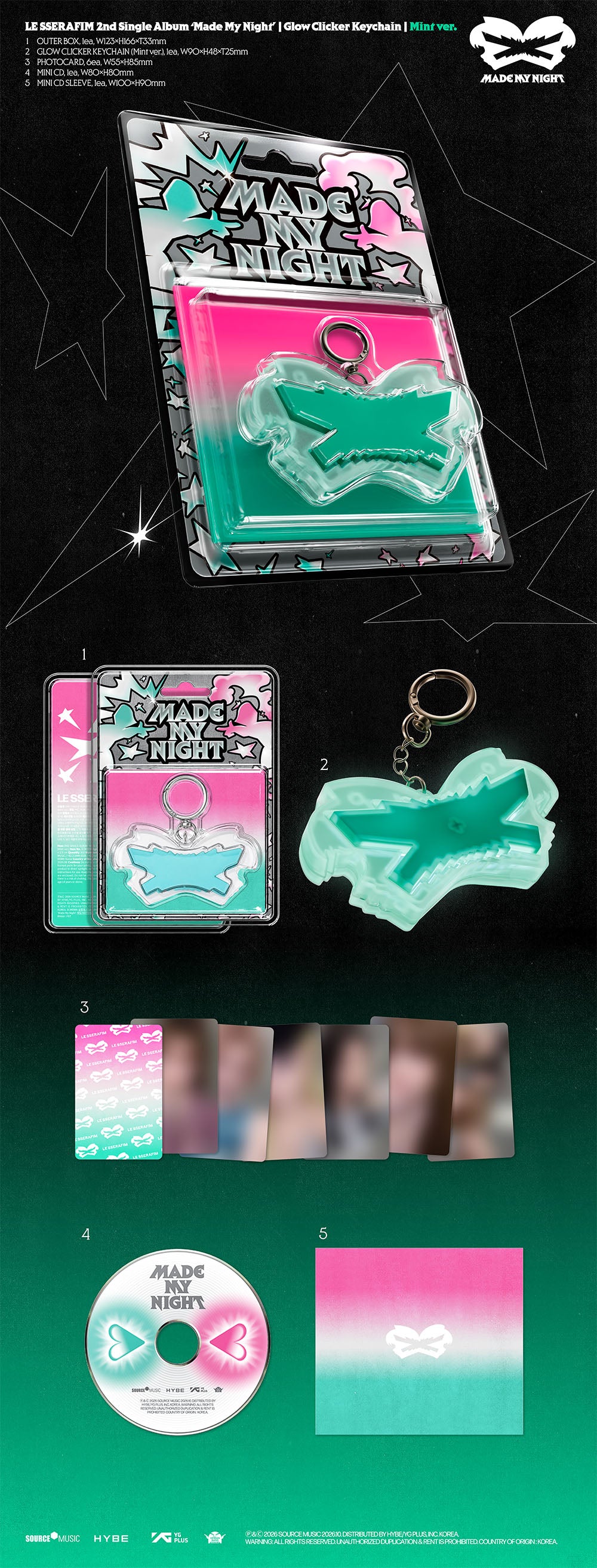[PRE-ORDER] LE SSERAFIM - 2nd Single Album 'Made My Night' (Glow Clicker Keychain | MINT/PINK ver.)